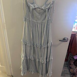 Y.A.S shirred detail tiered midi dress in pale blue check